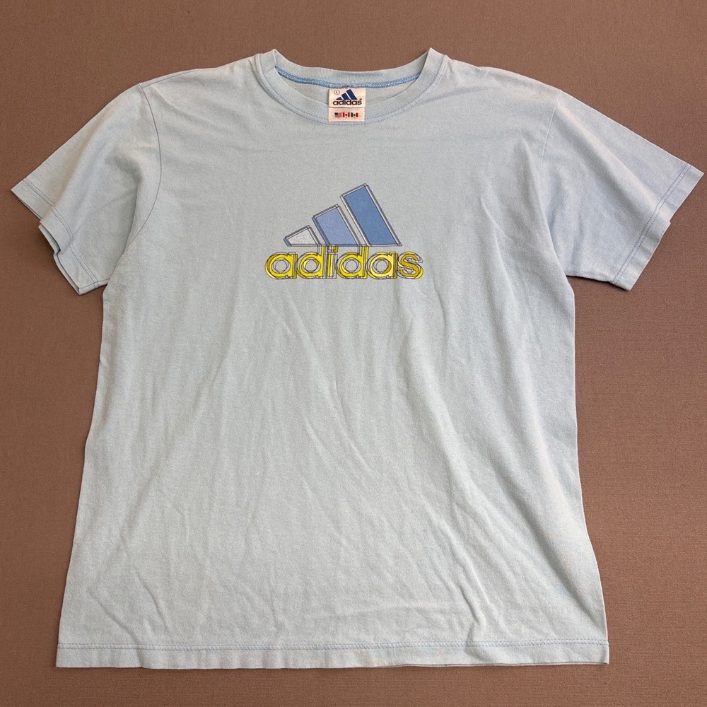 Vintage Adidas T Shirt Womens Large Blue Embroidered Logo Made in USA 90s Y2K